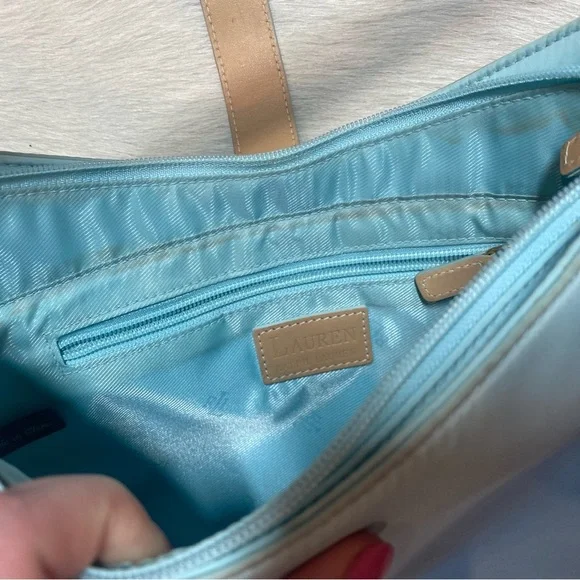 Lauren Ralph Lauren Turquoise Nylon Tan Leather Shoulder Handbag - Picture 7 of 9